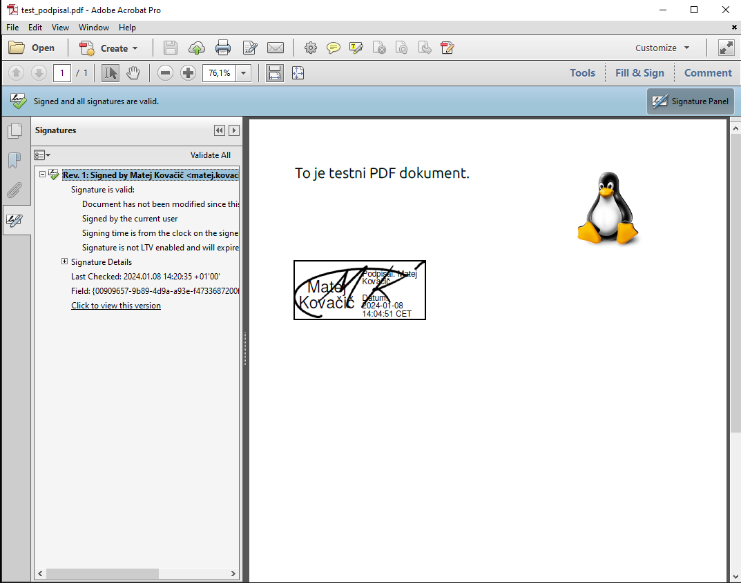 Preverjanje podpisa v Adobe PDF bralniku