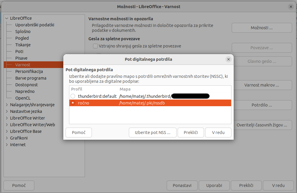 Nastavitve NSS baze v LibreOffice