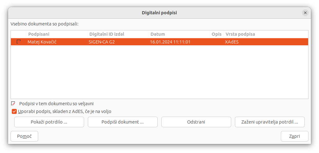 Digitalni podpisi dokumenta v LibreOffice