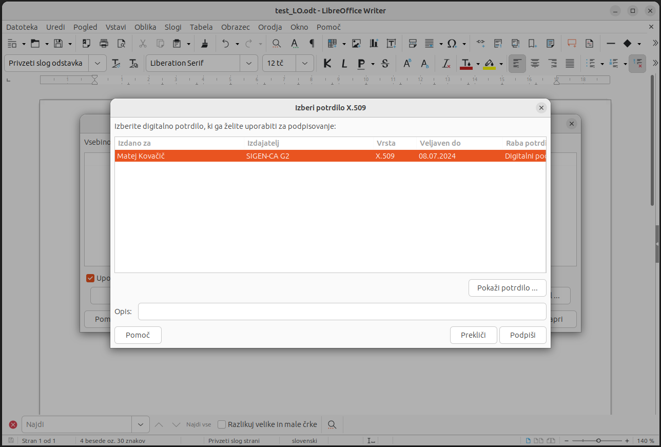 Digitalno podpisovanje dokumentov v LibreOffice